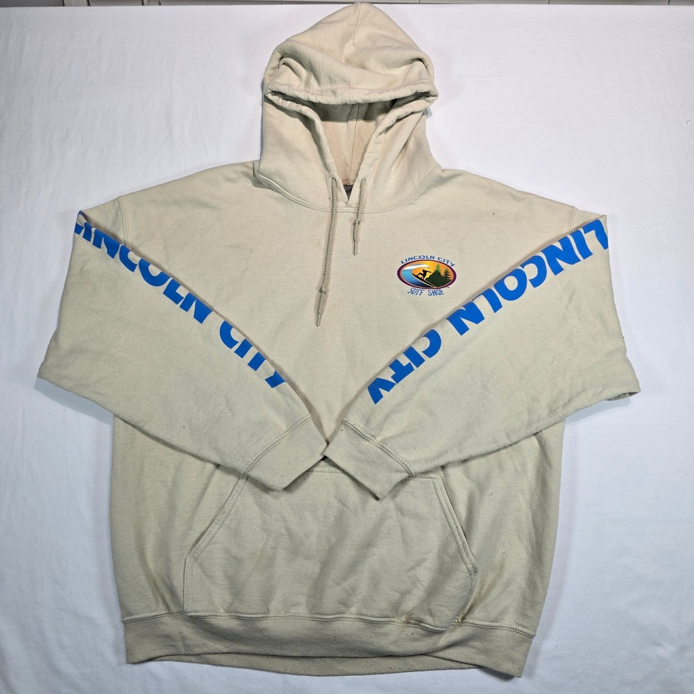 Lincoln City Surf Shop Oregon Graphic Hoodie XL Sand Beige Print Sweatshirt